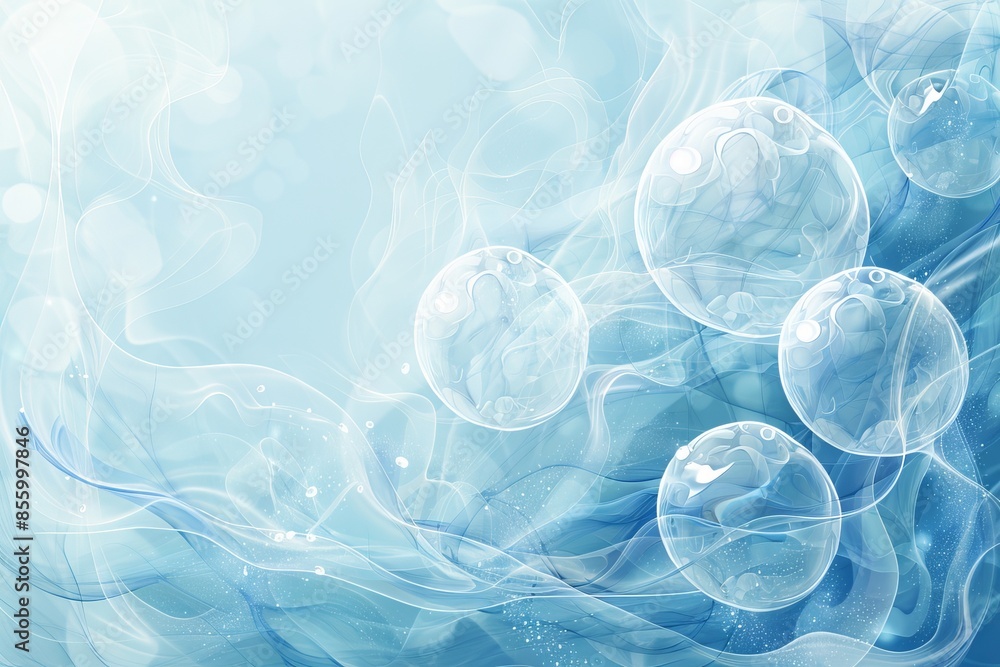 Poster blue and white bubbles against a background of flowing lines and textures, creating an airy and ligh