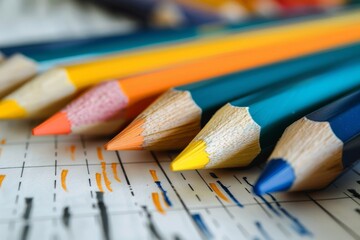 Close-up of colorful pencils on a graph paper background, perfect for art, education, and design themes.