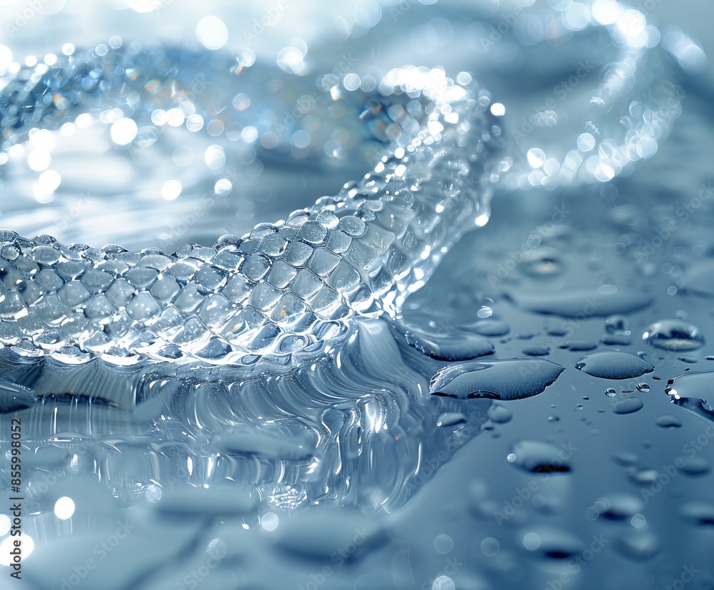 Poster drops of water on the surface creating patterns and reflections. the water has a deep blue color, re