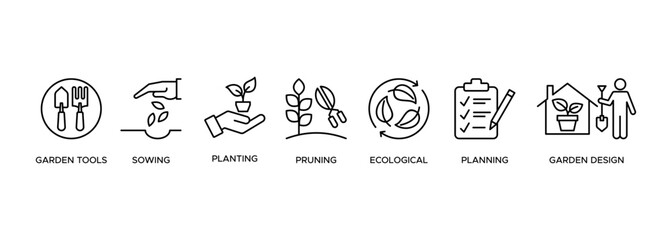 Gardening icons set web banner and design elements illustration with the icon of garden tools, sowing, planting, pruning, ecological, planning and garden