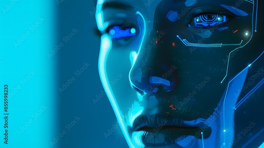 Poster close-up of a humanoid robot face, showcasing futuristic tech chatbot assistance and auto conversati