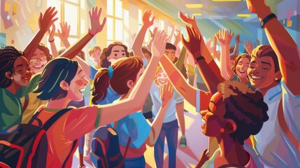 Obraz premium Eye-level angle shot of diverse students high-fiving each other