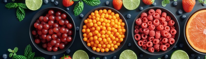 Colorful assortment of fresh fruits including cherries, golden berries, raspberries in black bowls, surrounded by lime slices and berries.