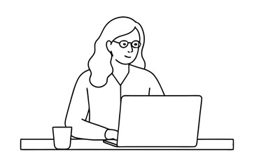 Woman using laptop computer, Vector drawing of woman with laptop continuous line art