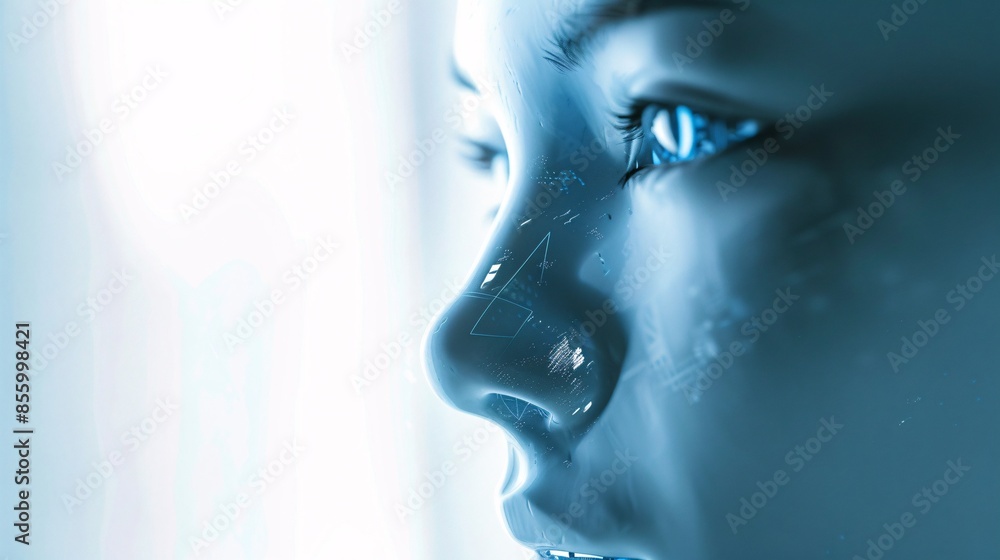 Poster close-up of a humanoid robot face, showcasing futuristic tech chatbot assistance and auto conversati