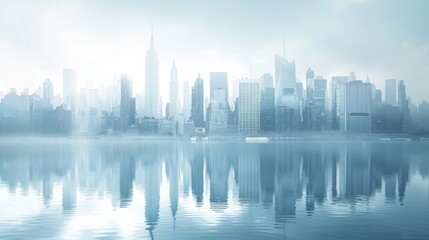 Serene Cityscape Reflection on Tranquil Water at Dawn