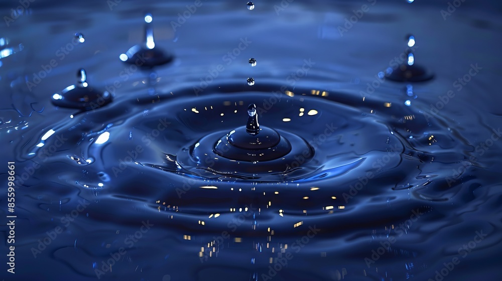 Poster a drop falls on the surface of the oxen, splashing with a bokeh background in violet-blue tones. con