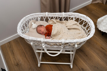 A Caucasian newborn baby sleeps in a Moses basket with a stand in the bedroom.