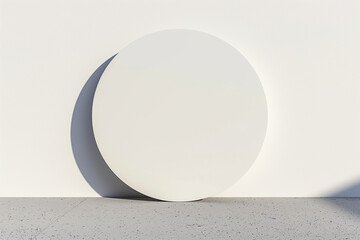white oval frame on white background, A round mockup sign on a white building wall. The sign is sleek and minimalist, perfectly centered and prominently displayed against the clean, white surface of t