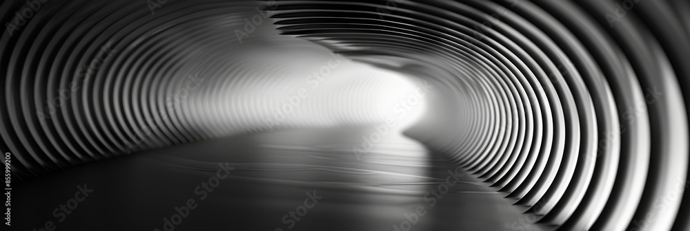 Poster abstract tunnel with concentric rings in monochrome. conceptual 3d rendering with light at the end. 