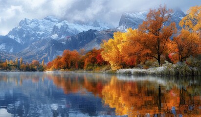 Fototapeta premium A peaceful riverbank with colorful autumn trees reflecting in the calm water, and a backdrop of majestic mountains dusted with early snow