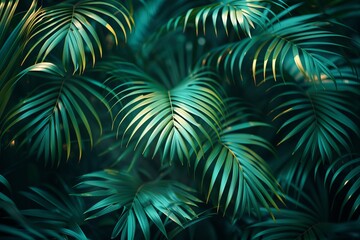 Green palm leaves. Dark tropical foliage. Botanical background.
