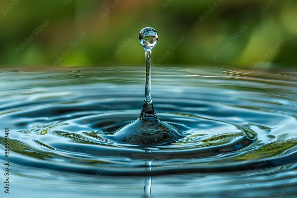 Poster a drop falls on the surface of the oxen, splashing with a bokeh background in violet-blue tones. con