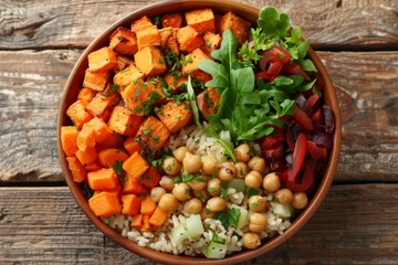 Healthy vegan Buddha bowl with sweet potato, chickpeas, rice, greens, and vegetables on rustic wooden table.