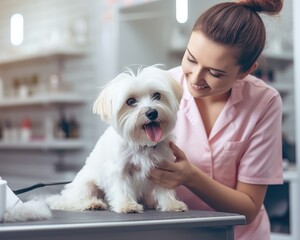 Smiling veterinarian at clinic examining a happy white dog, creating a trustful bond during a routine check-up.