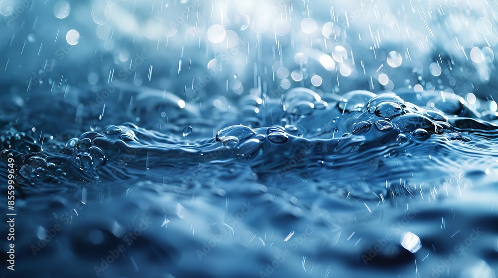 Poster drops of water on the surface creating patterns and reflections. the water has a deep blue color, re