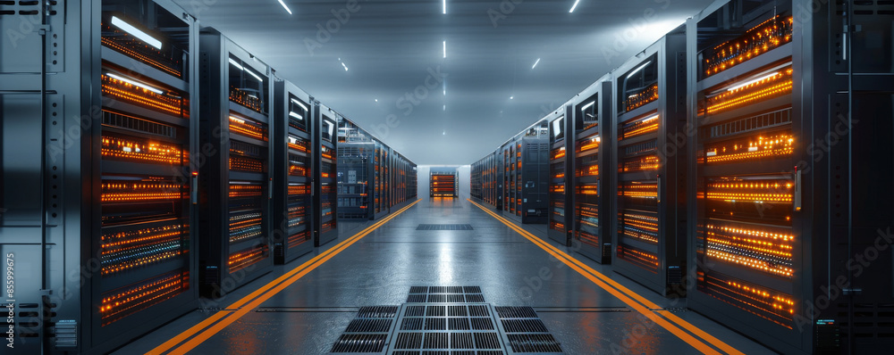 Poster modern data center with glowing server racks and advanced technology, showcasing server infrastructu