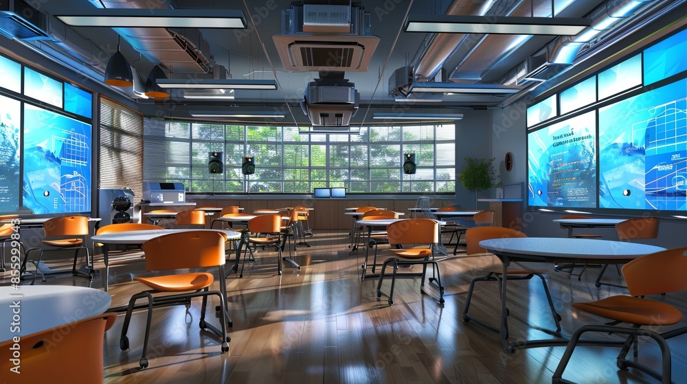 Poster a contemporary classroom features modern furniture, interactive panels, and ai assistants, creating 