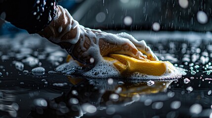 Hand Washing Car with Soapy Sponge During Sunset, Capturing Reflections and Water Droplets, Generative AI