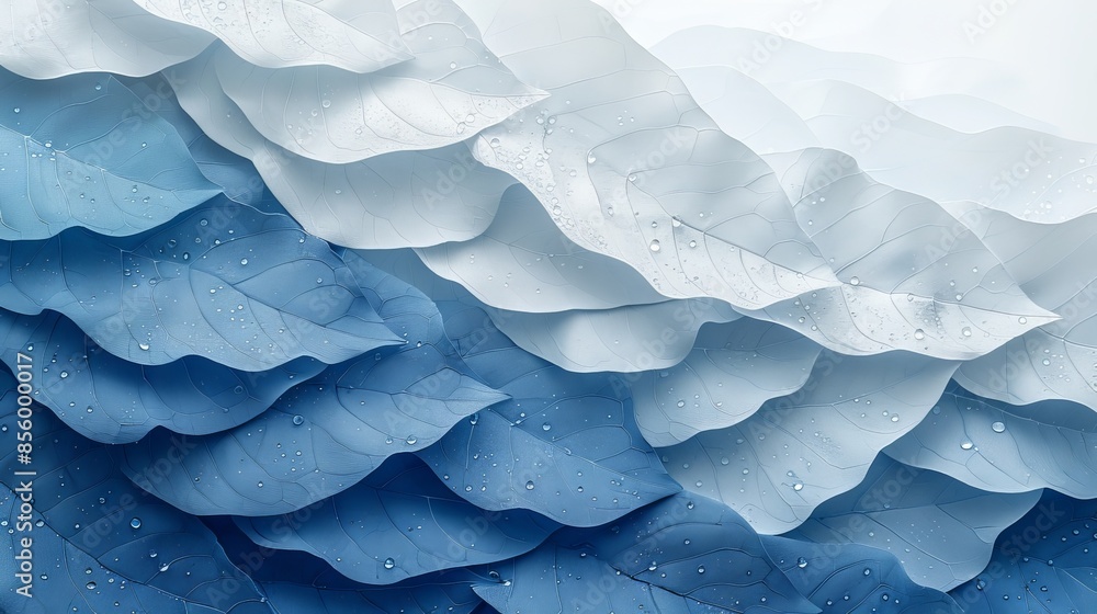Poster abstract composition of many leaves in a gradient from white to blue, covered with drops of water. t
