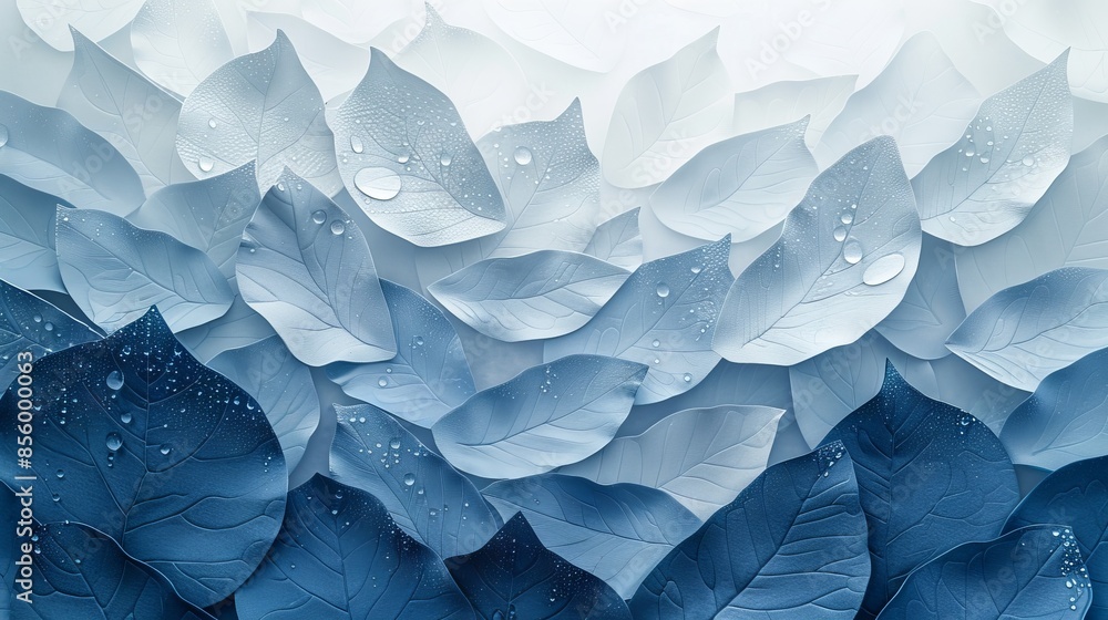 Poster abstract composition of many leaves in a gradient from white to blue, covered with drops of water. t