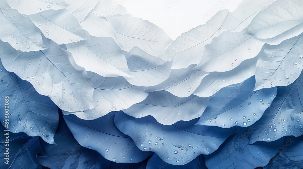 Poster abstract composition of many leaves in a gradient from white to blue, covered with drops of water. t
