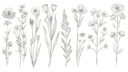 Collection of Elegant Wildflower Line Art Elements for Wedding Invitations