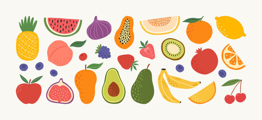 Hand drawn colorful fruits and berries. Trendy abstract minimal style. Natural tropical fruits. Fig, cherry, apple, peach, lemon, banana, avocado, pomegranate, pineapple, melon. Vector illustration.
