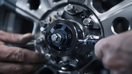 Close-up of Mechanic Working on Car Wheel Assembly with Precision Tools, Generative AI