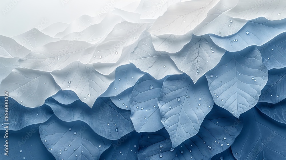 Poster abstract composition of many leaves in a gradient from white to blue, covered with drops of water. t