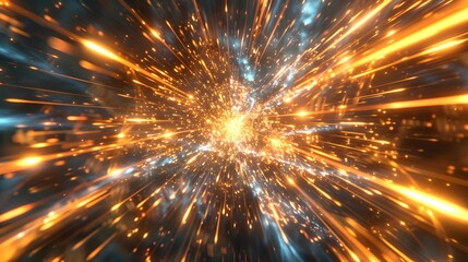 A dynamic light effect with rays of golden and blue colors radiating from the center, creating an abstract background that conveys speed or time travel.