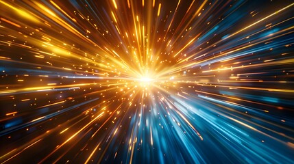 A dynamic light effect with rays of golden and blue colors radiating from the center, creating an abstract background that conveys speed or time travel.