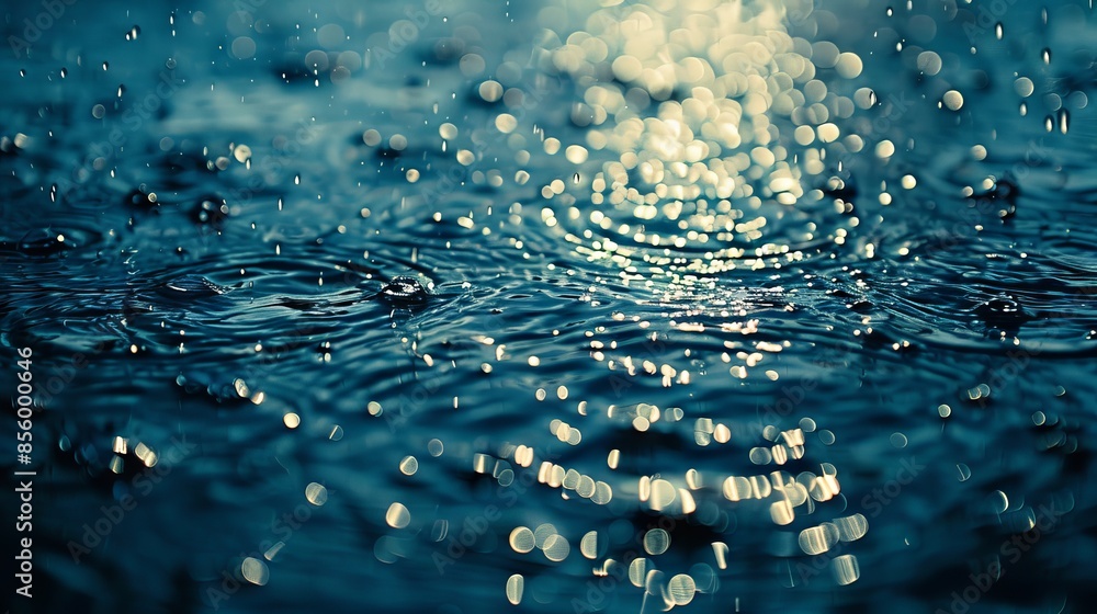 Poster drops of water on the surface creating patterns and reflections. the water has a deep blue color, re