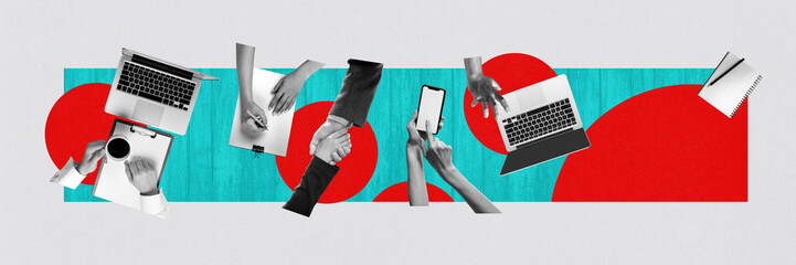 Top view, creative design with human hands working on laptop. ow-working space, freelance and...