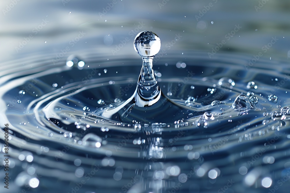 Poster a drop falls on the surface of the oxen, splashing with a bokeh background in violet-blue tones. con