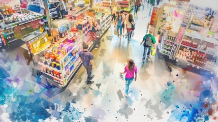 Fototapeta premium Top-down view of lively back-to-school sale, aisles filled with eager shoppers, eye-catching discount banners, watercolor effect, whimsical and engaging atmosphere