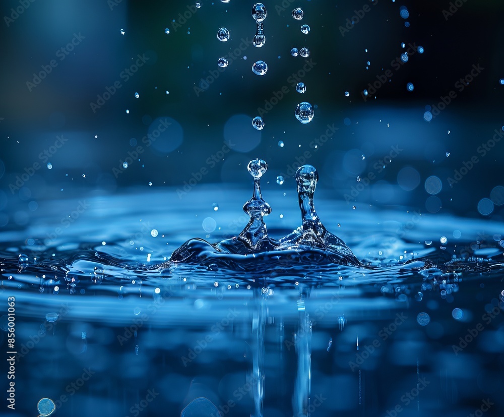 Poster a drop falls on the surface of the oxen, splashing with a bokeh background in violet-blue tones. con