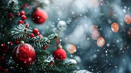 Christmas Tree with Red Ornaments and Snow Generative AI