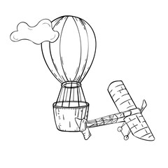 Hot air balloon and airplane of black and white contour vector illustration isolated. Plane silhouette with big balloon in the sky. Retro transport simple coloring. Air transport graphic drawn