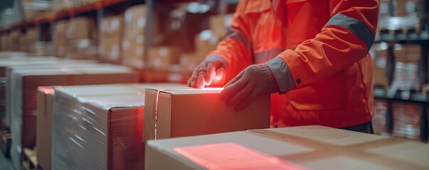 Warehouse worker scanning box with barcode scanner, ensuring accurate inventory management and logistics operations in a well-organized facility.