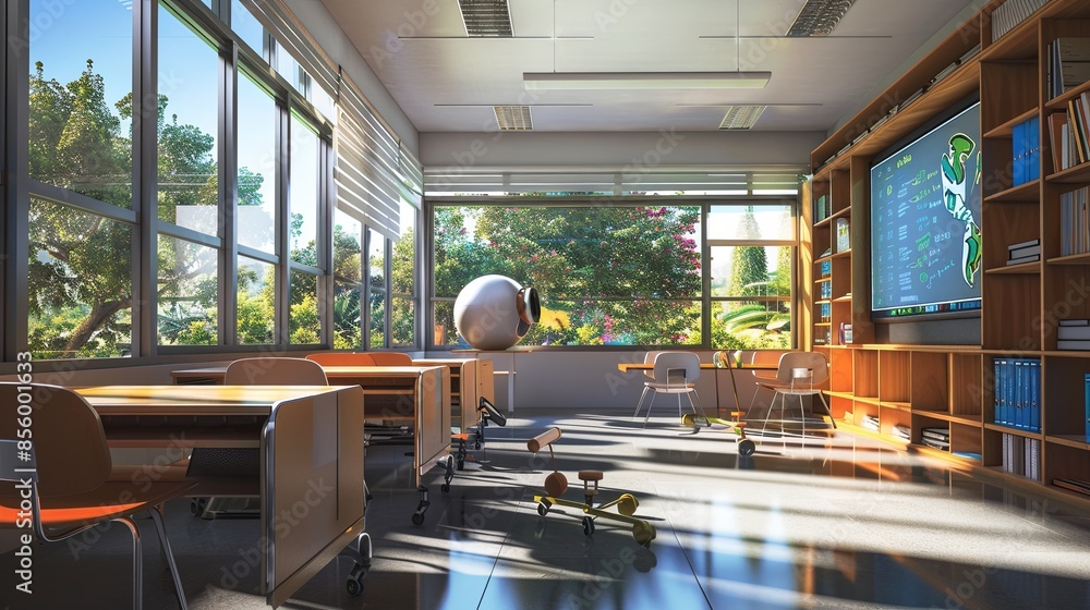 Aufkleber a contemporary classroom or study space featuring interactive panels and ai assistants, creating an 