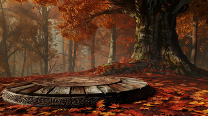 Enchanted Autumn Forest with Ancient Wooden Platform