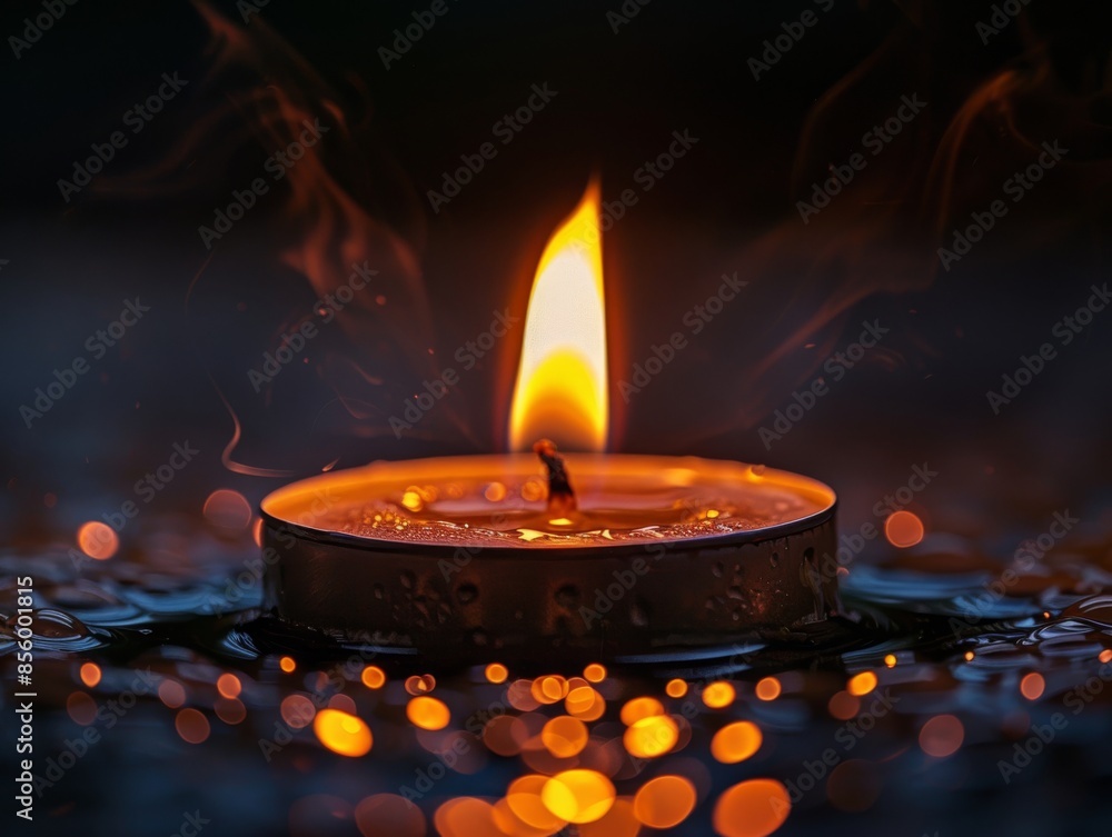 Poster single candle flame with bokeh lights in the background. close-up macro shot. tranquility and relaxa