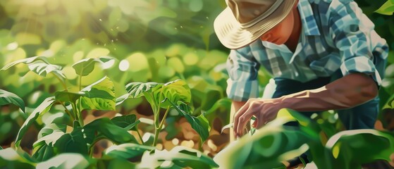 Young farmer touching soybean plants, vibrant carrot crop in the background, sunny day, realistic style, high detail, digital painting