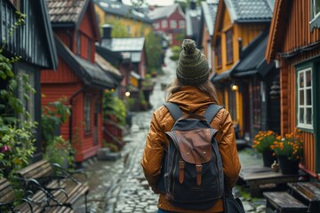 Obraz premium Scandinavian woman in a rain jacket, exploring a Nordic coastal town during a light drizzle, Scandinavian travel, coastal charm.