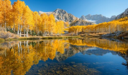 A tranquil mountain lake surrounded by golden aspen trees reflecting on the water's surface, under a crisp, clear autumn sky