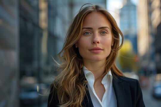 Scandinavian woman in a business suit, standing in front of a city financial district, Scandinavian beauty, professional elegance.