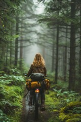 Fototapeta premium Scandinavian woman on a bicycle, riding through a lush Nordic forest trail, Scandinavian travel, eco-friendly adventure.