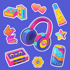 Colorful vector collection of y2k stickers. Retro 90s pop culture items like headphones, cassette tape, bubble gum, and soda can