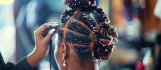 a woman is getting her hair braided by a stylish